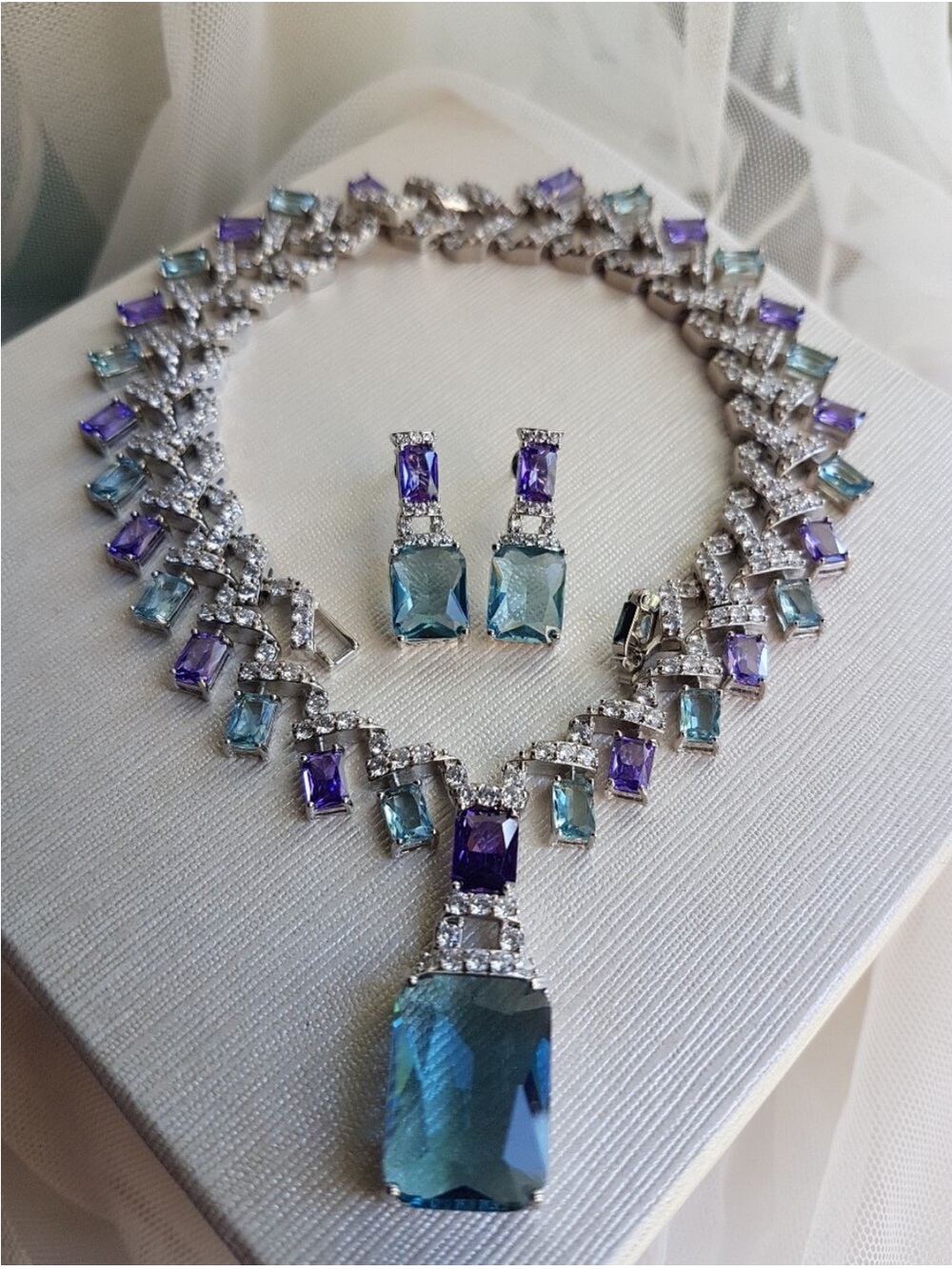 Swarovski Elements Aquamarine & Amethyst Gem Statement Necklace NEW
